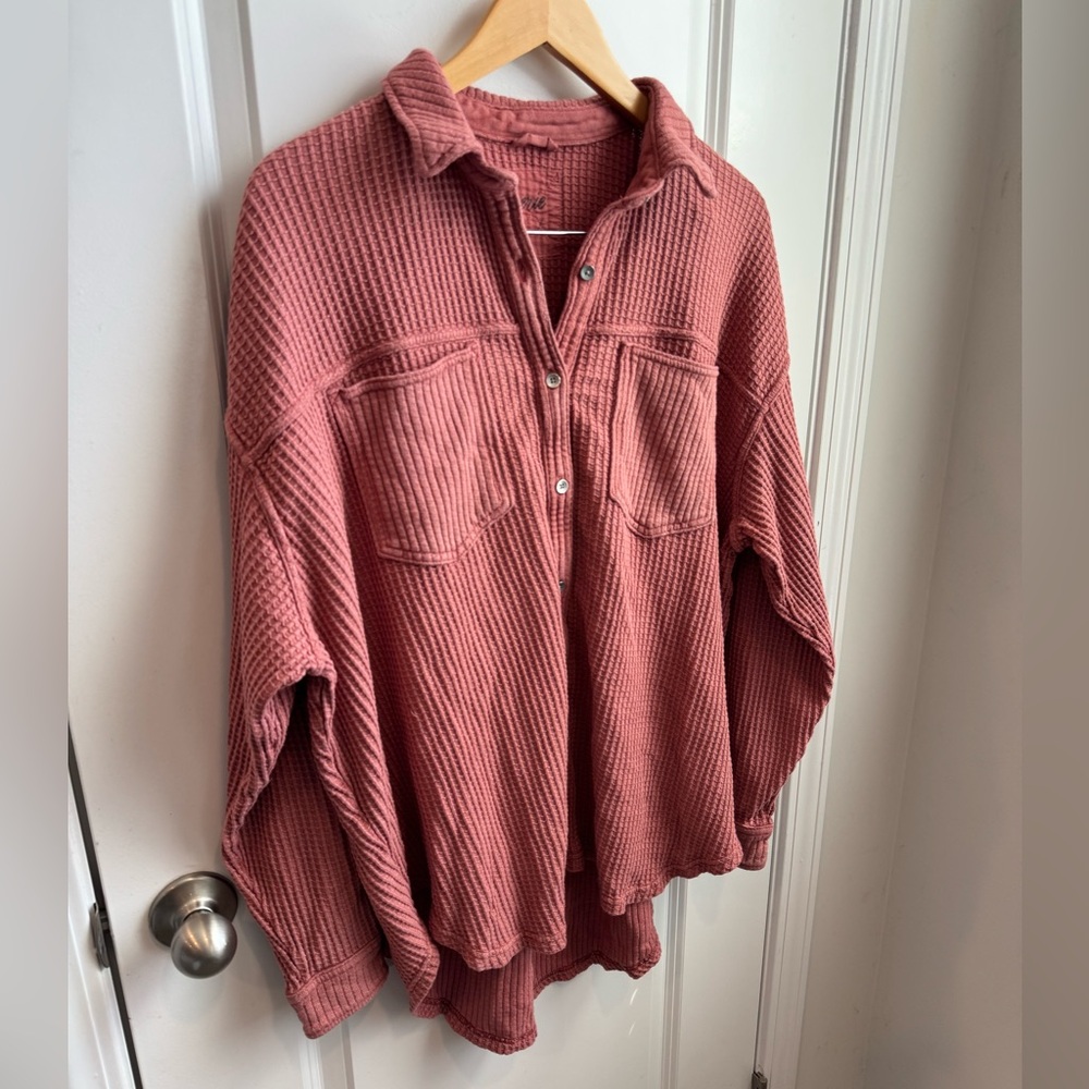 aerie Waffle-Knit Button-Up Shirt Jacket in Dusty Rose